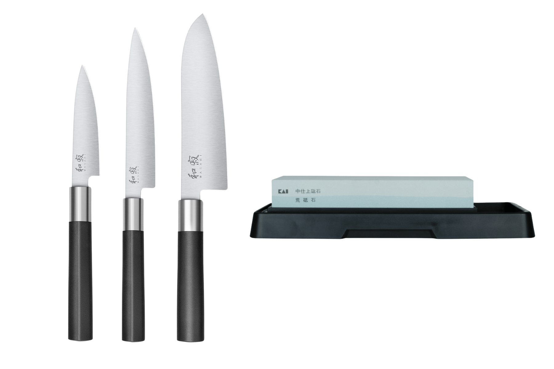 Set de 3 couteaux japonais Kai Wasabi Black - type japonais + pierre à aiguiser