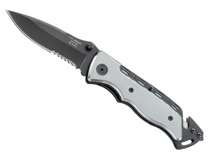 Couteau Herbertz lame semi-dentée - manche 12 cm aluminium avec clip
