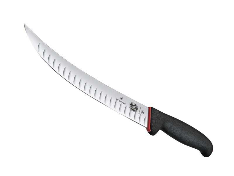 Couteau abattre/boucher Victorinox Dual Grip, lame étroite alvéolée 20 cm inox, dos renversé - manche bi-matière noir/rouge