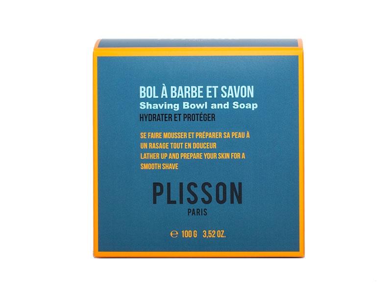 Bol à barbe Plisson en porcelaine, couvercle bois, avec savon à barbe.