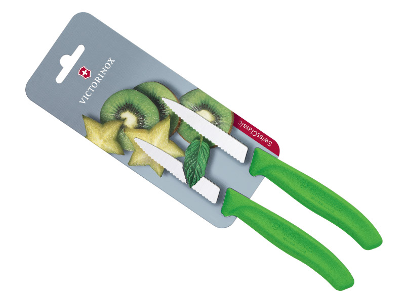 Carte de 2 couteaux office Victorinox SwissClassic vert, lame crantée 8 cm inox