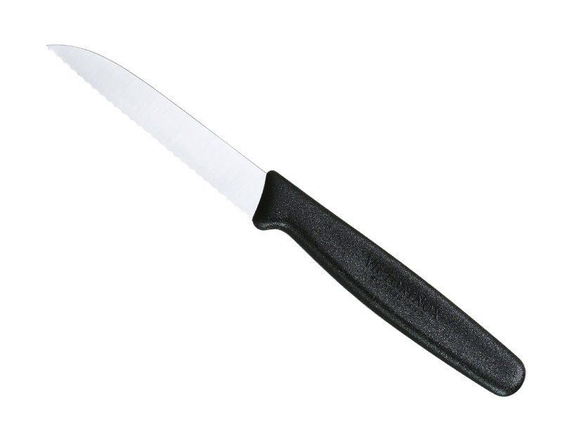 Couteau office, lame crantée 8 cm inox pointe rabattue - manche noir