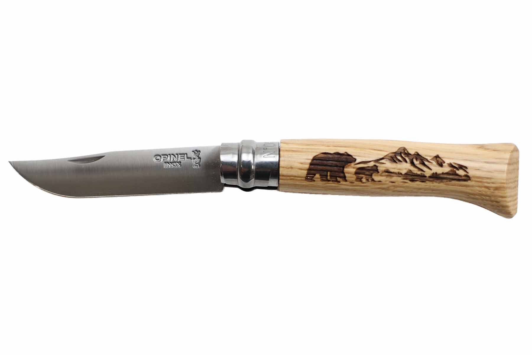 Couteau pliant Opinel n°8 animalia manche en chêne america motif Ours