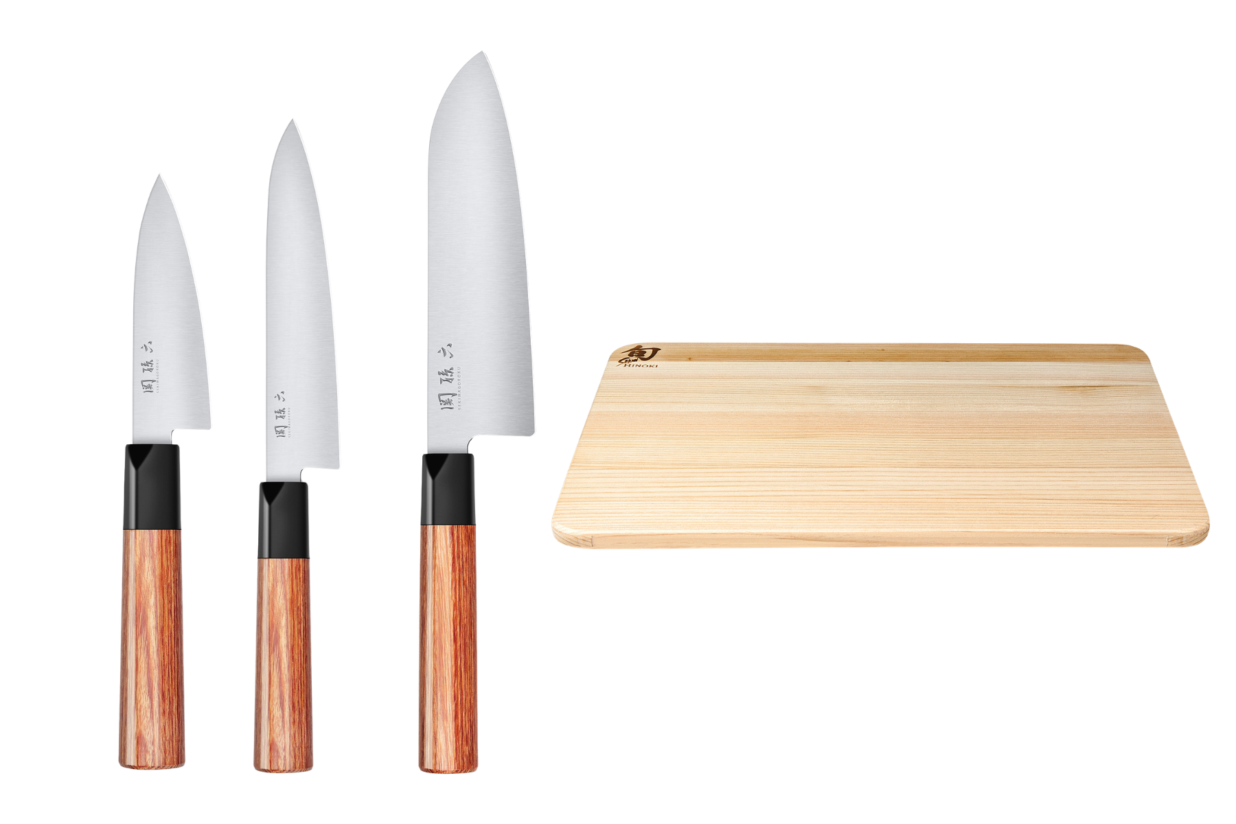 Set de 3 couteaux japonais Kai Seki Magoroku Red Wood - type japonais + planche à découper Kai