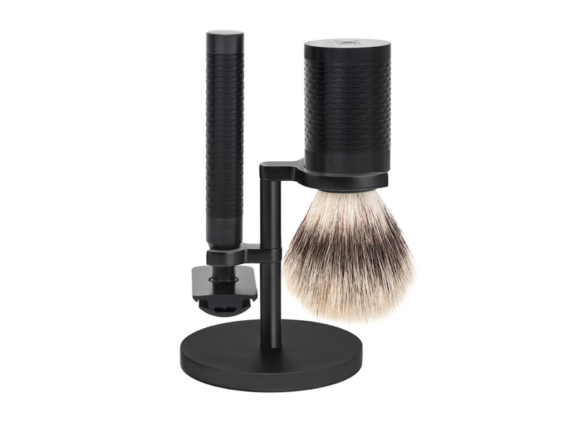 Set 3 pièces Mühle Rocca inox noir - rasoir sécurité + blaireau pur argenté