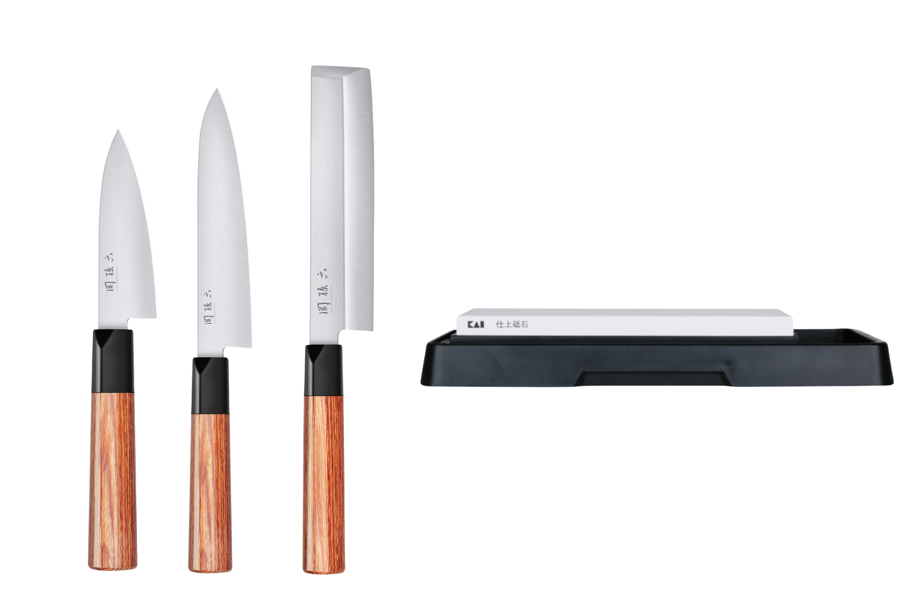 Set de 3 couteaux japonais Kai Seki Magoroku Red Wood - couteaux pour légumes + pierre à aiguiser
