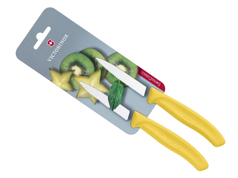 Carte de 2 couteaux office Victorinox SwissClassic jaune lame crantée 8 cm inox